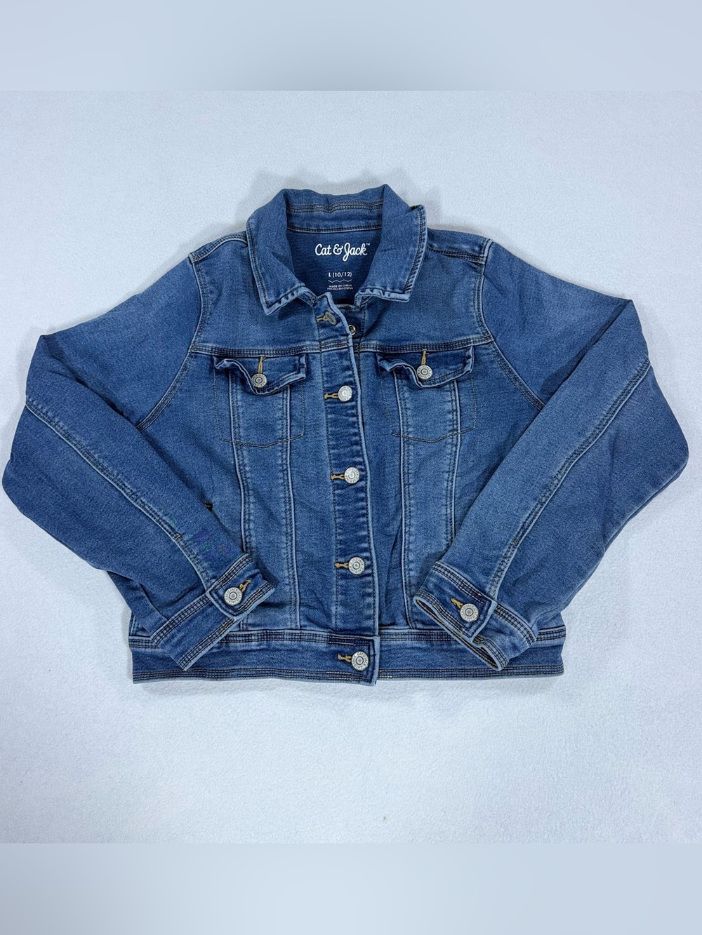 Cat & Jack Girls Blue Denim Jean Jacket L 10/12 Button Pockets Long Sleeve Short